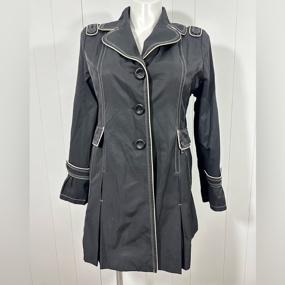 Y2K GUESS Womenβs Sz XL Black Trench Coat Jacket Double-Breast Pleated - Picture 1 of 16